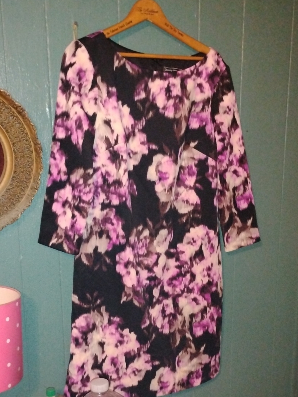 Jessica Howard Black Floral Sheath Dress with Purple and Cream Blooms